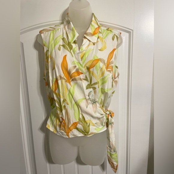 Liz Claiborne Women’s Wrap Top XL Yellow & Orange Tropical Floral Balletcore - Picture 1 of 11
